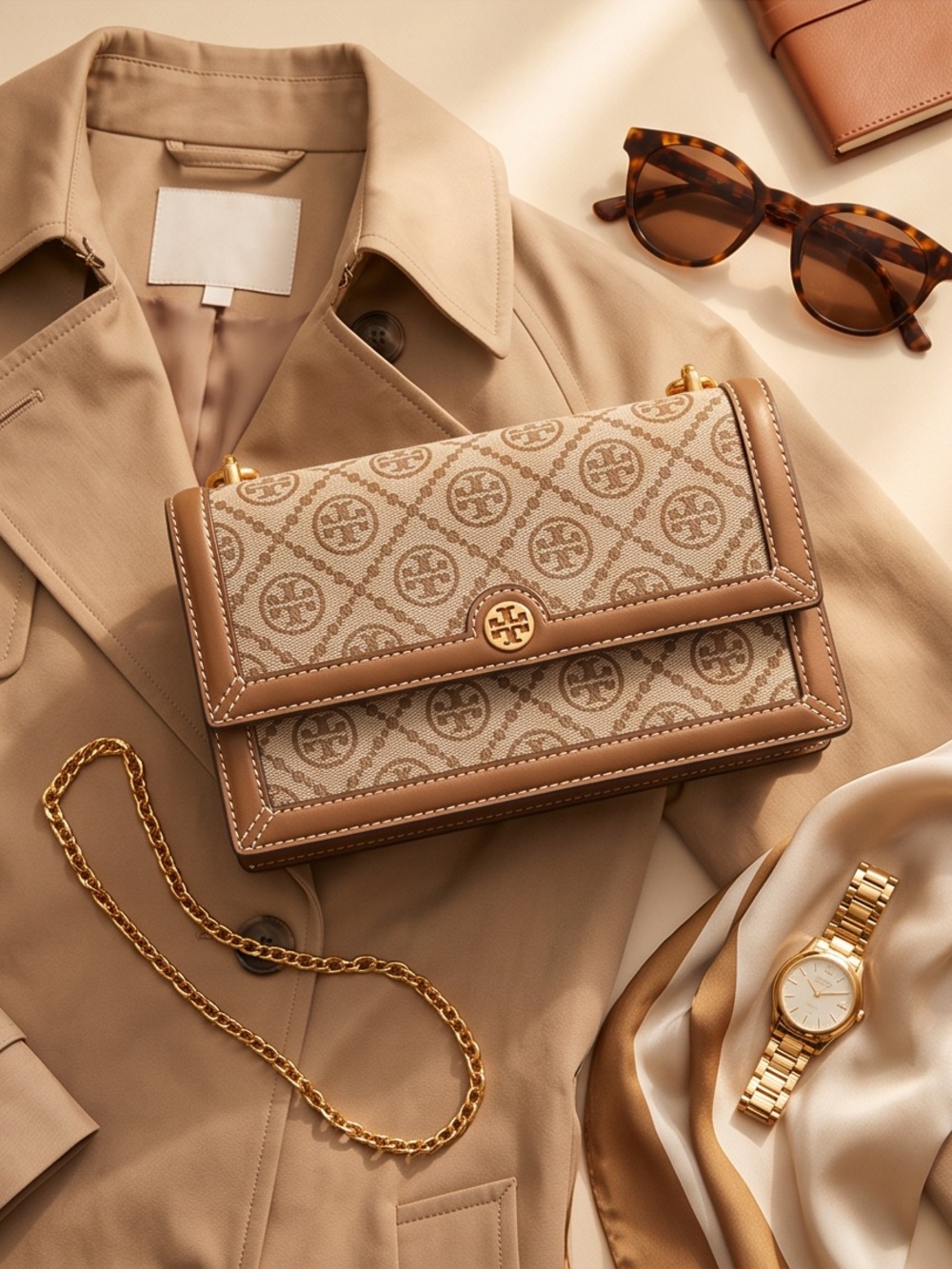 Tory Burch Tan & Beige Monogram Leather Jacquard Logo Canvas Crossbody